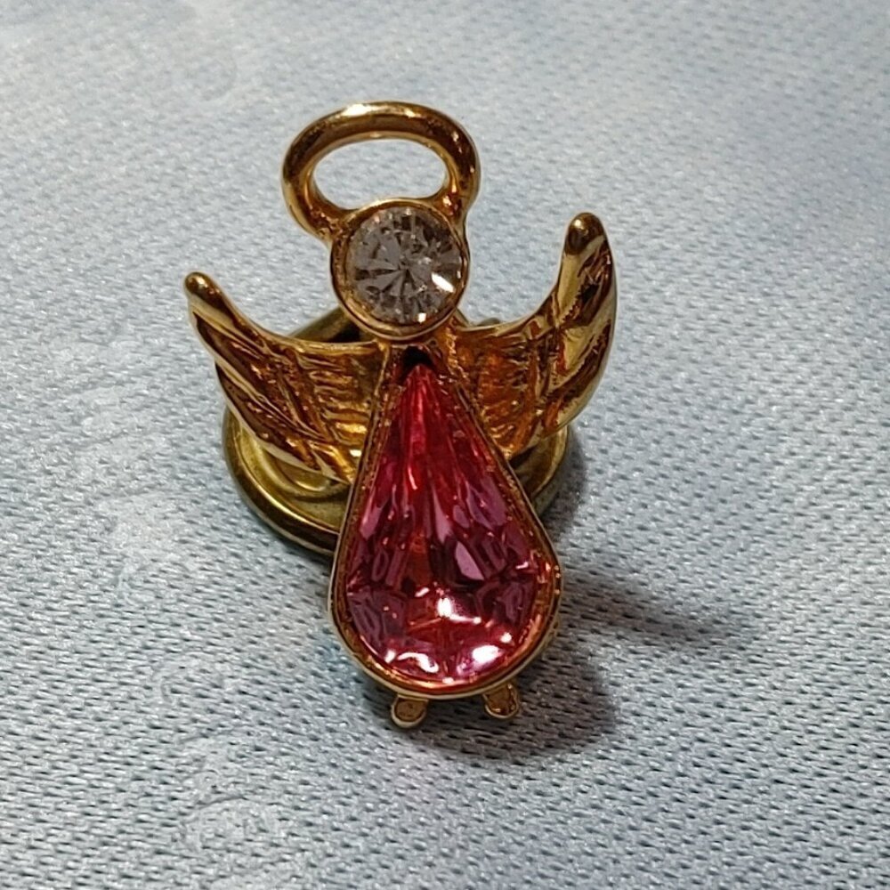 Gold Plated Angel Wing Lapel Pin Birthstone October Pink